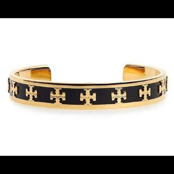NWOT Tory Burch Gold Logo , Black Enamel Cuff Bracelet - Picture 1 of 5